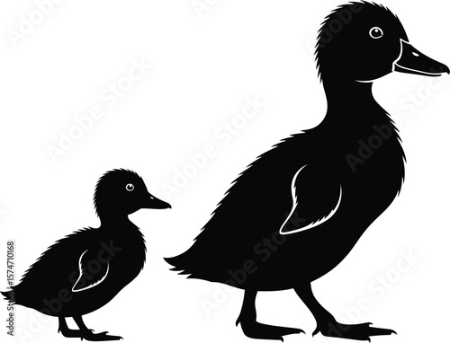 Silhouette illustration of a duck and duckling walking side by side on white background