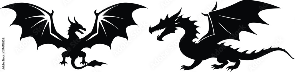 Obraz premium Mythic Shadows: A pair of majestic dragons are silhouetted against a muted backdrop, their intricate forms radiating an aura of power and fantasy. These creatures embody strength, mystery.