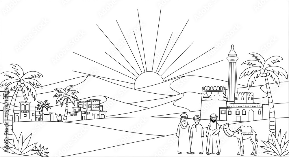 Obraz premium Stylized line art depiction of a desert landscape with traditional arabic architecture palm trees people in traditional clothing a camel and a rising sun isolated on transparent background