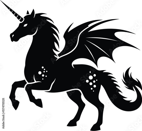 A black silhouette of a winged unicorn with a curled tail on a white background