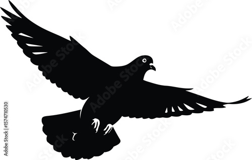 A silhouette of a bird with outstretched wings flying against a white background