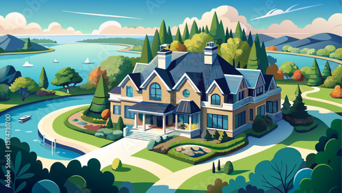 Aerial view of an elegant luxury lakeside home with manicured landscaping and an attached garage, nestled along the tranquil shores of Lake Michigan. Surrounded by trees, winding driveway