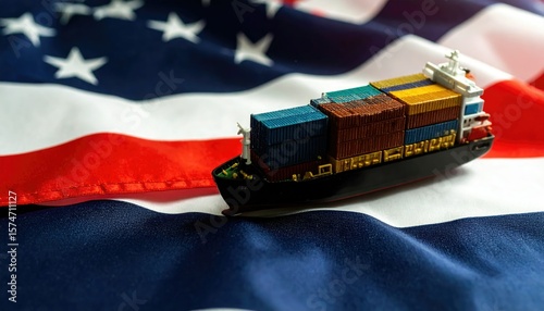 United States and Thailand Maritime International Trade War with high tariffs Concept, a container ship model toy placed on the flag