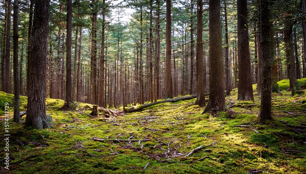 Fototapeta premium beautiful scenic view of pine forest on hardy road in wilmington new york with moss and leaves and pine needles covering the ground