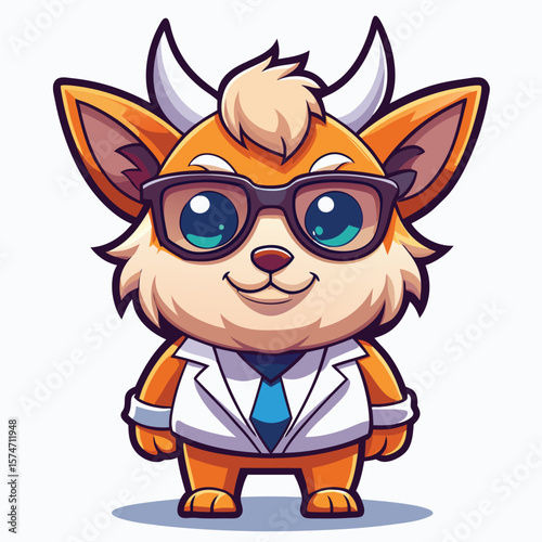 Cute orange creature with horns, glasses, and a lab coat