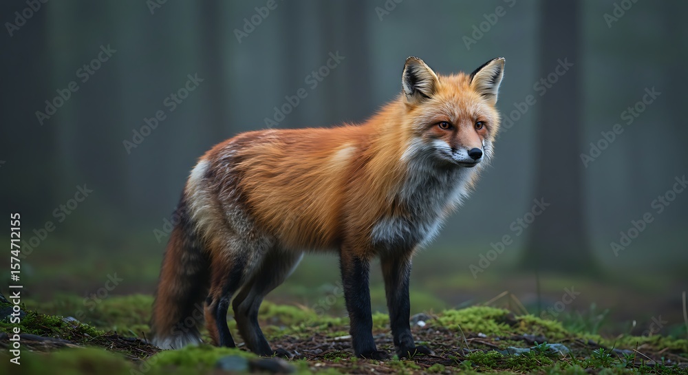 Fototapeta premium Majestic Red Fox in Misty Forest A Stunning Wildlife Photograph