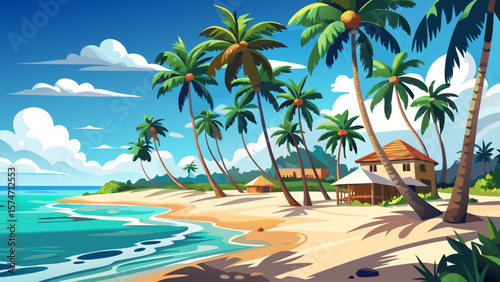 Nungwi Beach, Zanzibar – Palm‑lined beach meets gentle Indian Ocean tide. White sand glimmers in afternoon sun, ideal for breezy tropical vector scenes.