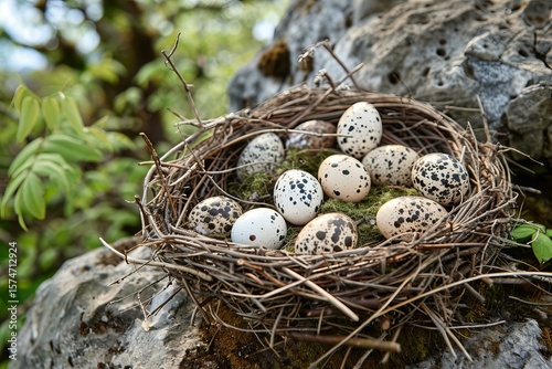Small bird nest filled with speckled eggs resting on a mossy rock in a natural outdoor setting