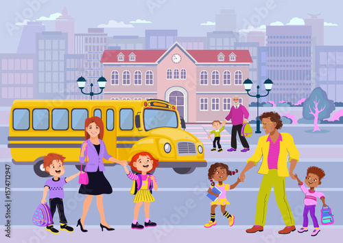 Yellow school bus parked near a school building in a city. Parents and children are walking nearby. Represents back to school, education, and family themes in an urban setting. Vector illustration. 