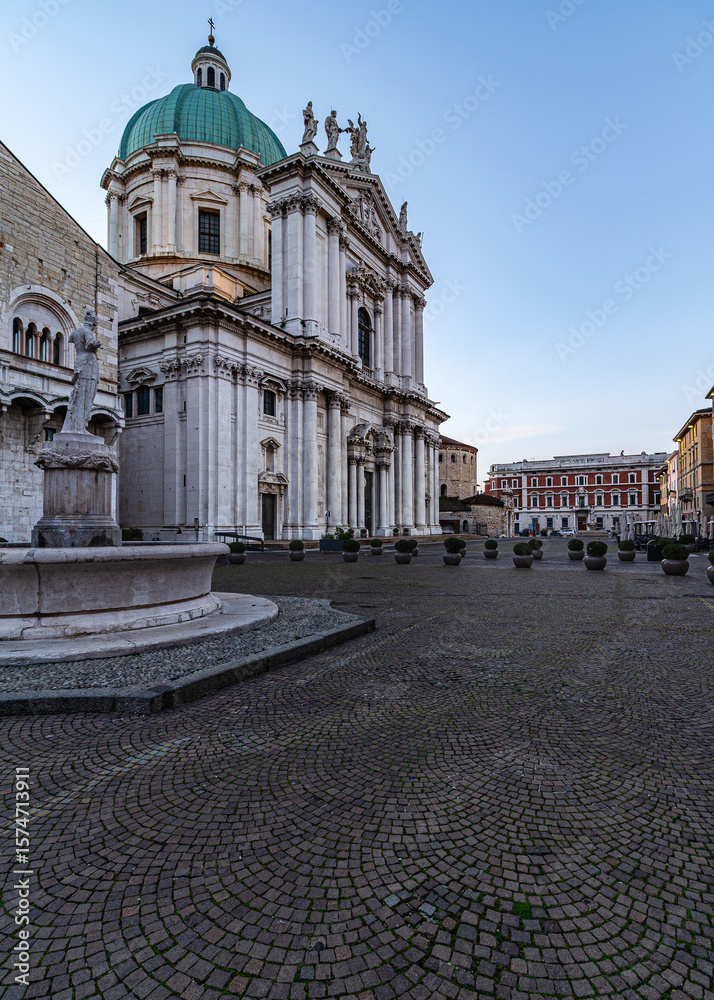 Fototapeta premium Exterior View of the New Duomo Cathedral in Brescia, Italy, in Piazza Paolo VI, at golden hour