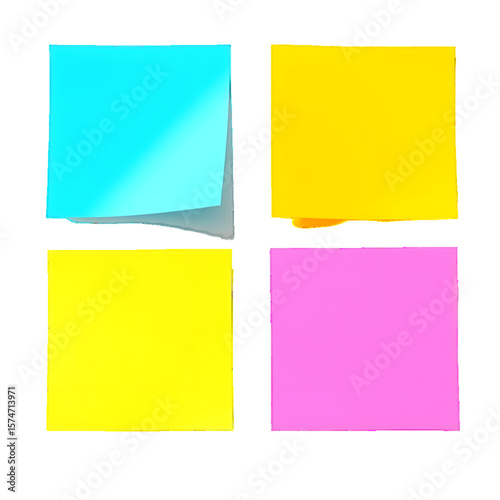 4 post-it notes, isolated, blue, red and yellow, 