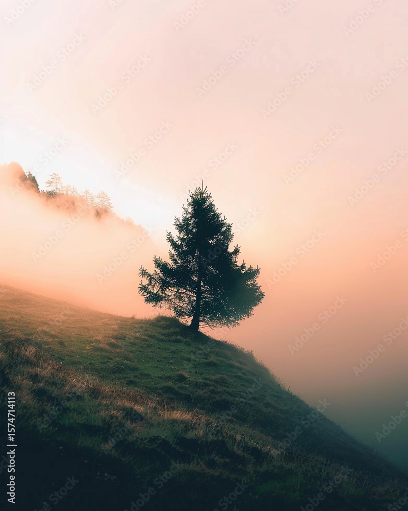 Obraz premium Serene landscape featuring a solitary tree on a hillside surrounded by mist during the early morning light