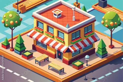 Isometric View of a Charming City Building with Red and White Striped Awning