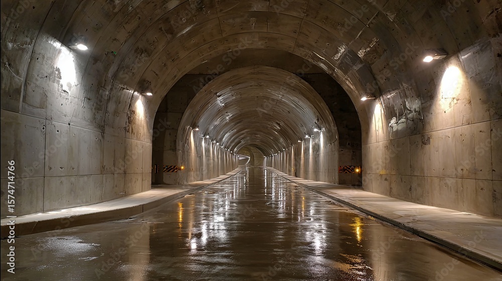 Fototapeta premium Concrete walls of a newly built road tunnel with wet surfaces.