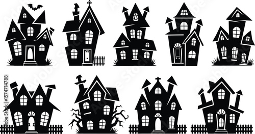 Spooky Halloween haunted houses silhouette collection, vector illustration