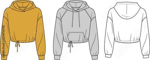 flat vector illustration of cropped hoodie front and back technical fashion cad drawing with drawstring waist and kangaroo pocket