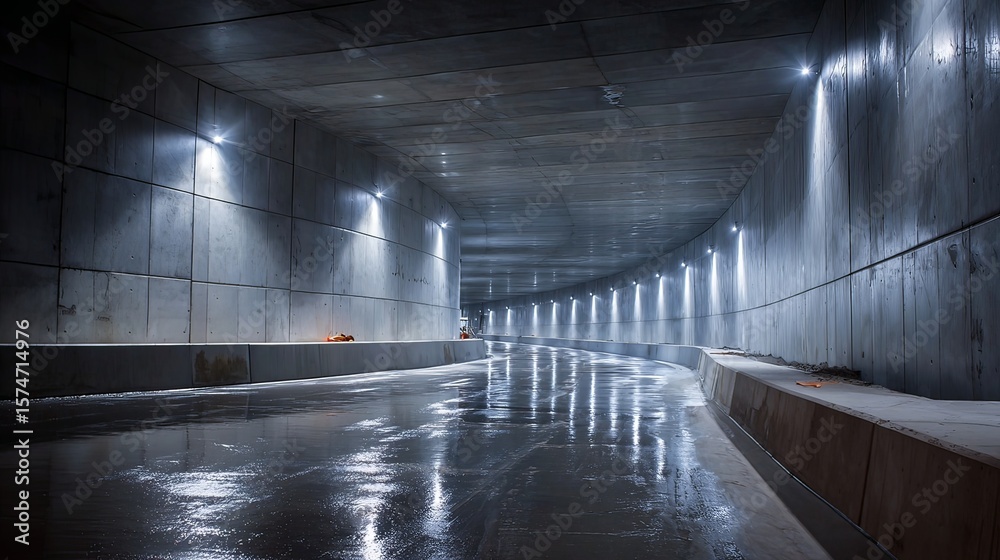 Obraz premium Concrete walls of a newly built road tunnel with wet surfaces.