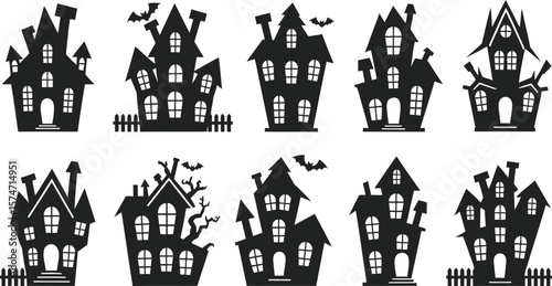Spooky Halloween haunted houses silhouette collection, vector illustration