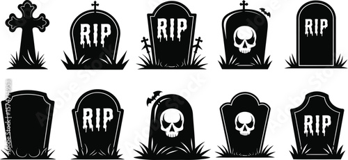 Set of Halloween Graveyard Tombstone Silhouettes – RIP and Skull Gravestone Vector Icons 