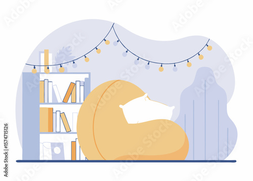 Cozy Reading Nook with Bookshelf and Beanbag Chair simple illustration reading nook bookshelf string