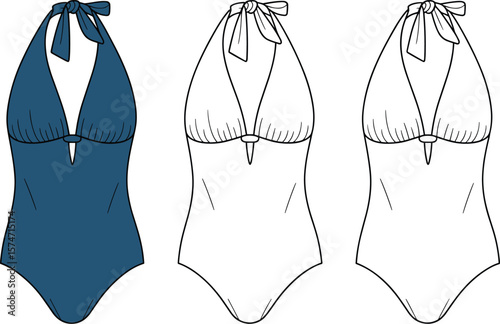 Halter neck one piece swimsuit fashion flat sketch, CAD drawing vector, women’s swimwear technical illustration, design template mockup