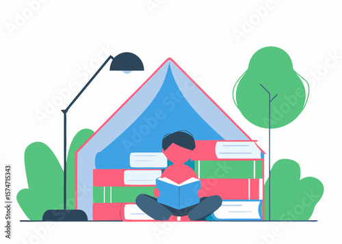 Child Reading a Book Surrounded by a Stack of Books Under a Tent like Structure