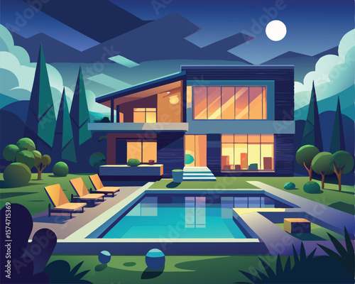 Luxury Modern House with Pool at Night