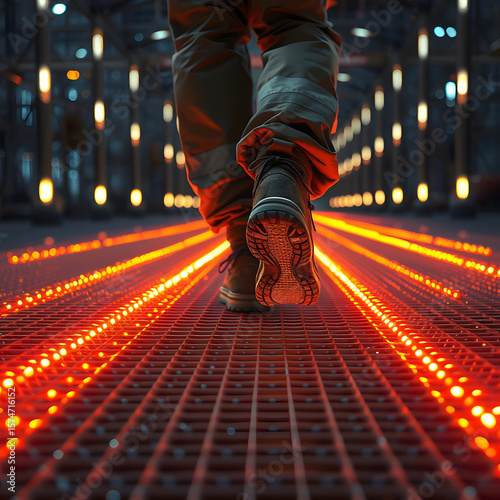 Worker sprinting across energized grating walkway illuminated by glowing orange power channels underfoot while maintaining critical industry safety standards