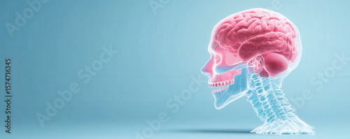 Transparent human skull with pink brain is depicted against light blue background, showcasing intricate details of human anatomy. This evokes sense of curiosity about neuroscience and complexities