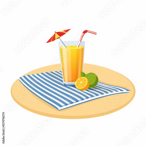 Beach towel and tropical drink on sand