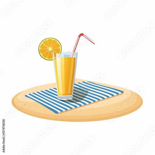 Beach towel and tropical drink on sand