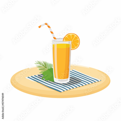 Beach towel and tropical drink on sand