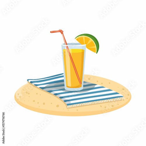 Beach towel and tropical drink on sand