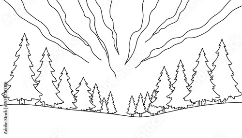 Outline of trees with sun rays for coloring page concept  