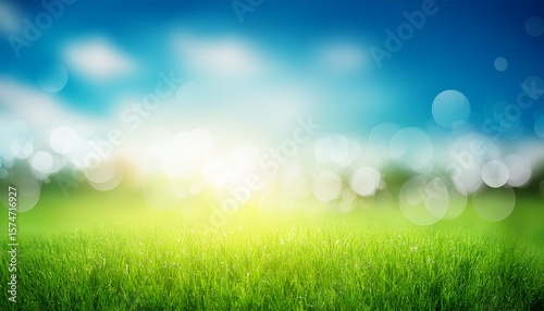 abstract nature blur background with bokeh light sunny spring meadow blur background blue sky to green grass gradient