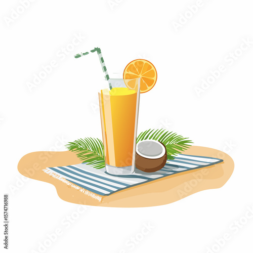 Beach towel and tropical drink on sand