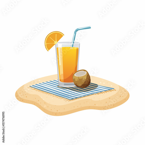 Beach towel and tropical drink on sand