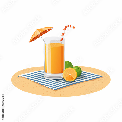 Beach towel and tropical drink on sand