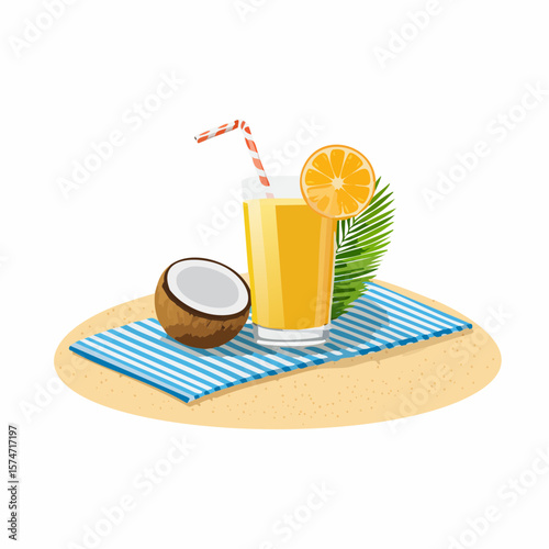 Beach towel and tropical drink on sand