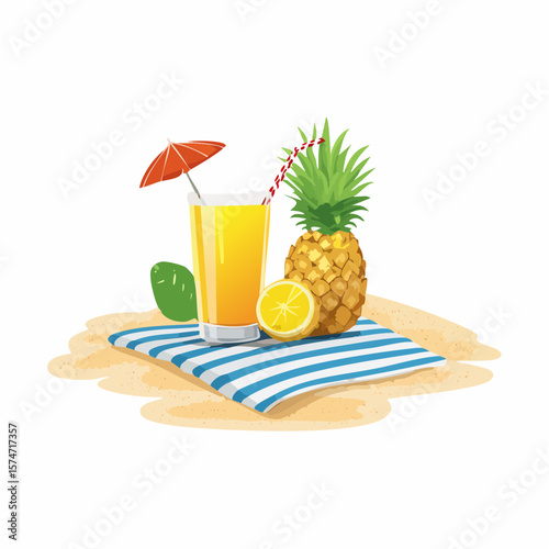 Beach towel and tropical drink on sand