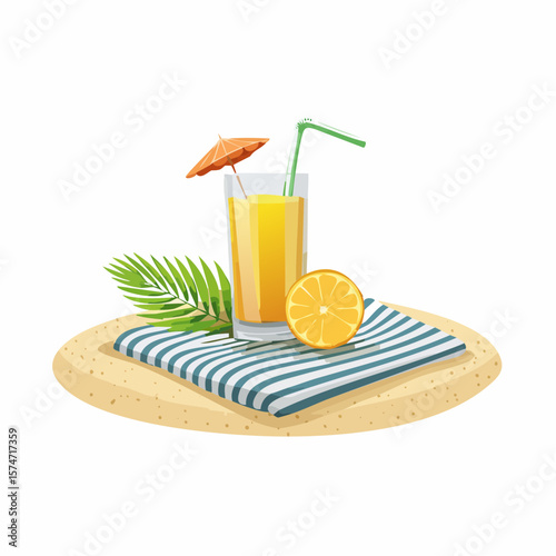 Beach towel and tropical drink on sand