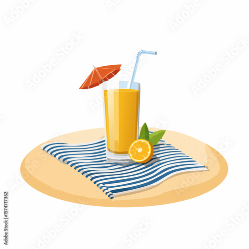 Beach towel and tropical drink on sand