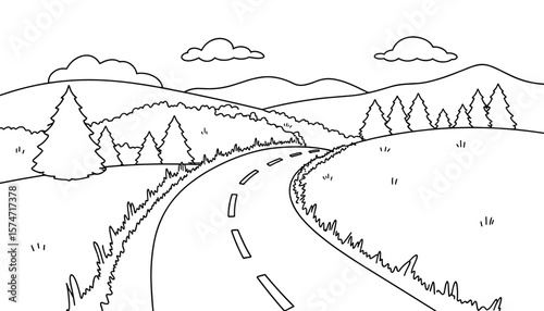 Scenic road winding through hills and trees for coloring page  