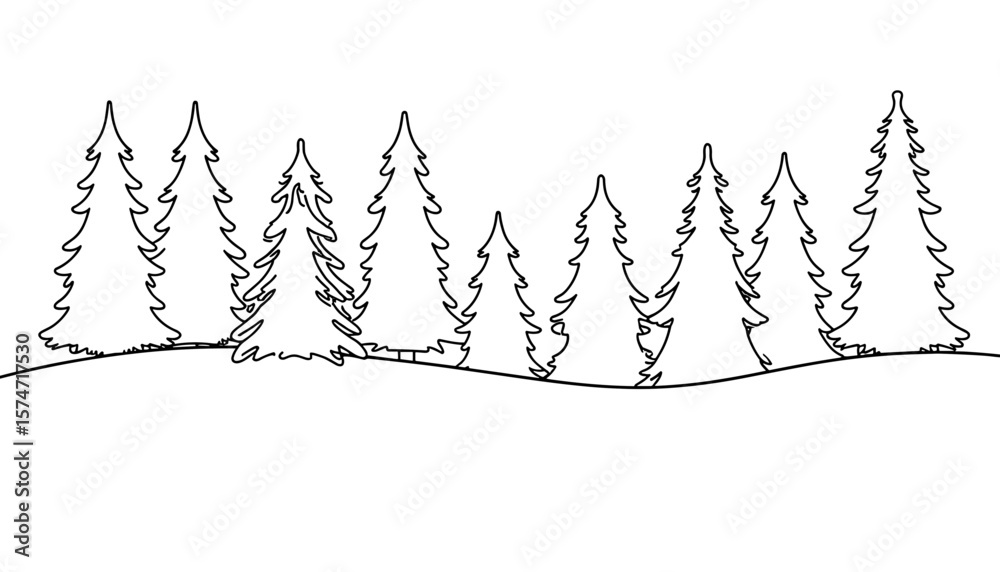 Outline of pine trees on a hill for coloring page concept  