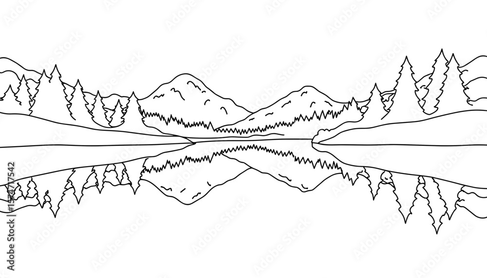 Fototapeta premium Scenic mountain landscape with reflections for coloring page 