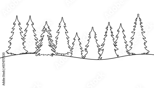 Outline of pine trees on a hill for coloring page concept  