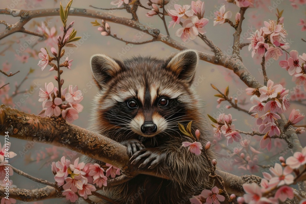 Fototapeta premium Adorable raccoon clinging to a cherry blossom branch in full bloom, enjoying the beauty of nature