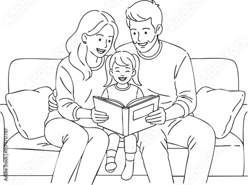 Line art illustration of a happy family reading a book together on the sofa