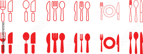 Minimalist restaurant icons, fork and knife silhouettes, plate symbols, geometric food service logos,vector illustration style