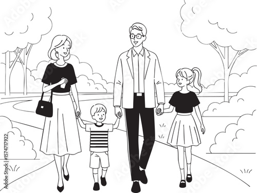 Line art illustration of a happy family walking together in a park, holding hands
